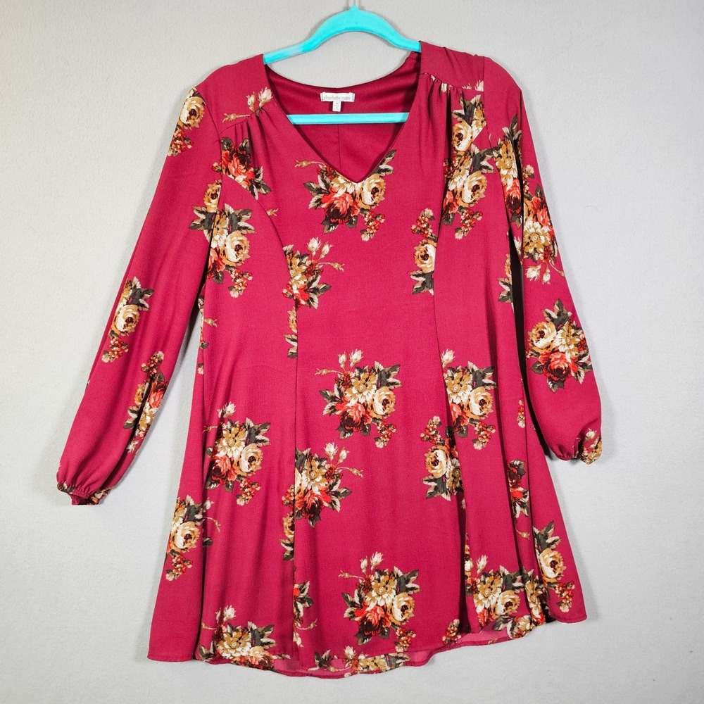 Charlotte Russe Floral Long Sleeve V Neck Mini Dress‎ Burgundy Red Women's